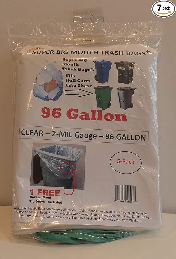96 Gallon CLEAR Super Big Mouth Trash Bags - 2-MIL - 5-PACK Plus 1 Free Rubber Band Tie-Down