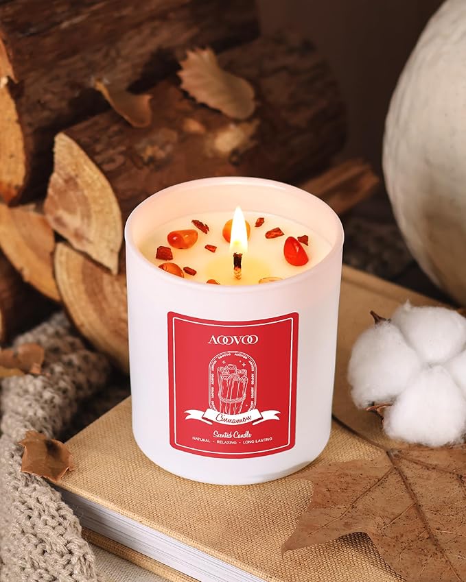 AOOVOO Cinnamon Scented Candles for Women - Aromatherapy Candle with Crystals Inside 10oz Soy Candles for Home Scented Birthday Gifts Valentines Day Candle for Women Mom