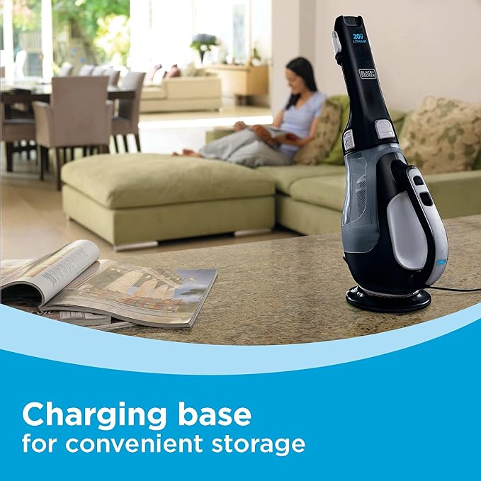BLACK+DECKER dustbuster 20V Hand Vacuum Cordless Rechargeable Car Vacuum Portable Powerful Suction AdvancedClean Hand Vac with Extendible Crevice Tool Flip-Up Brush and Charging Base (BDH2000L)
