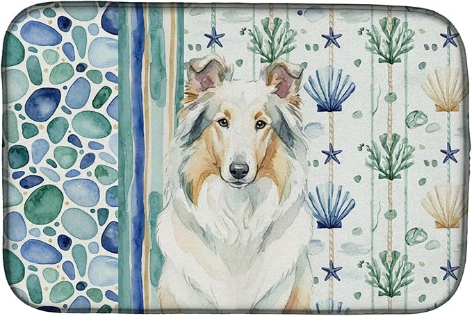 Caroline's Treasures White Collie Coastal Sea Glass Dish Drying Mat Absorbent Dish Drying Mat Pad for Kitchen Counter Dish Drainer Mat for Countertop 14 x 21 Multicolor