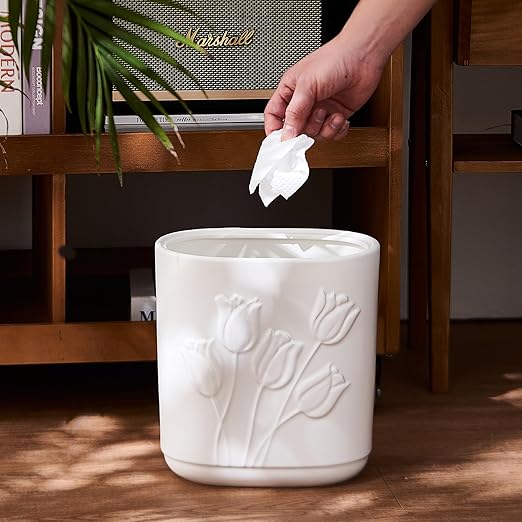 White Ceramic Tulips Small Bathroom Trash Can 2.6 Gal (10 Liter) - Heavy &amp Decorative Garbage Bin for Bathroom Kitchen Office Bedroom &amp Living Room Corner