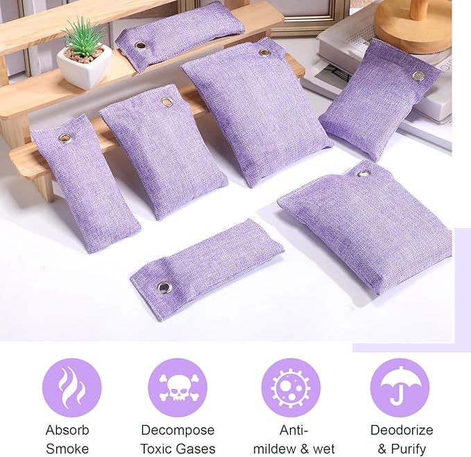 Nuanchu 24 Pcs Activated Charcoal Odor Absorber 50g/100g/200g Air Purifying Bamboo Charcoal Bags Natural Shoe Odor Absorber Deodorizer Absorbers for Fresh Car Home Closet Pet Basement Smell(Purple)