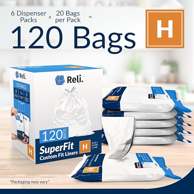 Reli. SuperFit Code H (120 Count) | Compatible with Simplehuman Code H | Dispenser Pack Custom Fit Liners | Drawstring Trash Bags | 30-35 Liter / 8-9 Gallon | White
