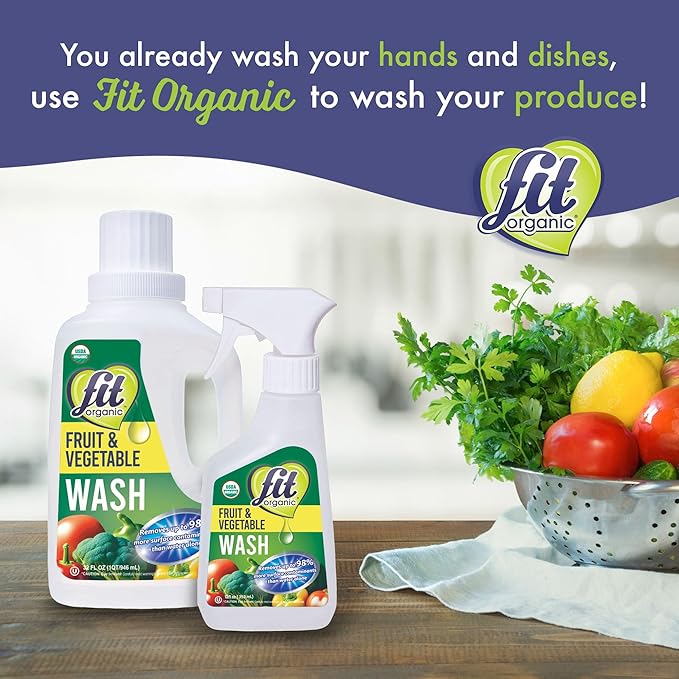 Fit Organic Soaker Produce Wash – USDA Certified Organic &amp Kosher Fruit and Vegetable Cleaner – Removes 98% Pesticides Wax &amp Contaminants – Family &amp Pet Safe Chemical-Free – 32 Oz (2-Pac