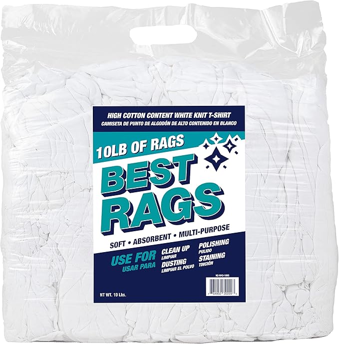 Arkwright Premium T-Shirt Rags Bulk 10 lb Bag Cotton Cleaning Towels Low Lint Knit Wiping Cloths for Paint Stain Grease Shop and Auto Use Quick Dry Machine Washable White