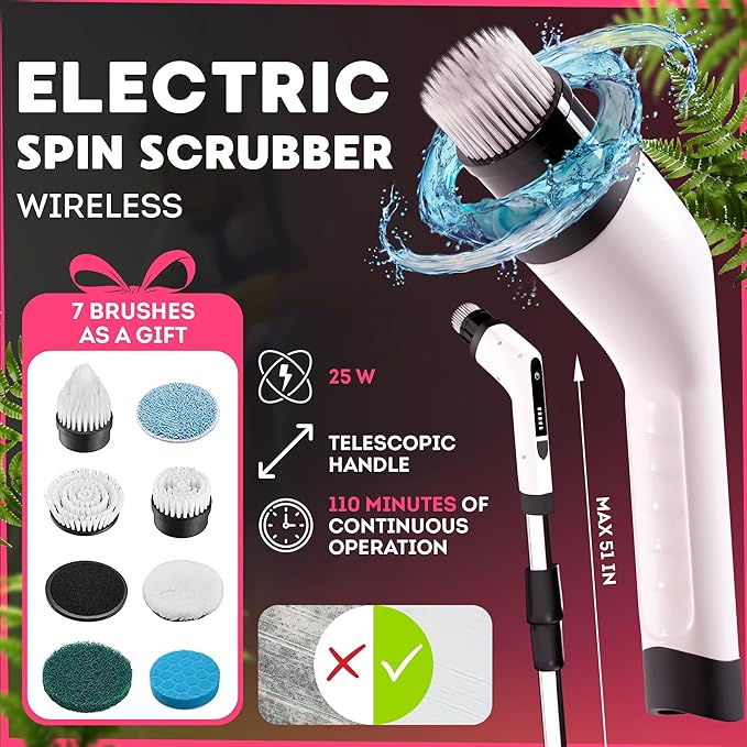 7-in-1 Electric Bathroom Scrubbing Brush 2500 mAh. Telescopic Bathtub Scrubber with Long Handle. Powerful Electric Bathtub Scrubber. Portable Power Brush for Cleaning Bathroom Kitchen Car