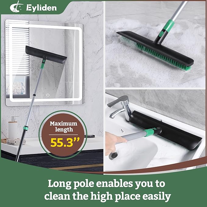 Eyliden X-Large Floor Scrub Brush 2 in 1 Scrape Brushes with Rubber Squeegee | 55.3 Long Handle 15 Wide Stiff Bristle Head | Floor Scrubber for Deck Kitchen Shower Bathroom Tub Tile Patio Wall