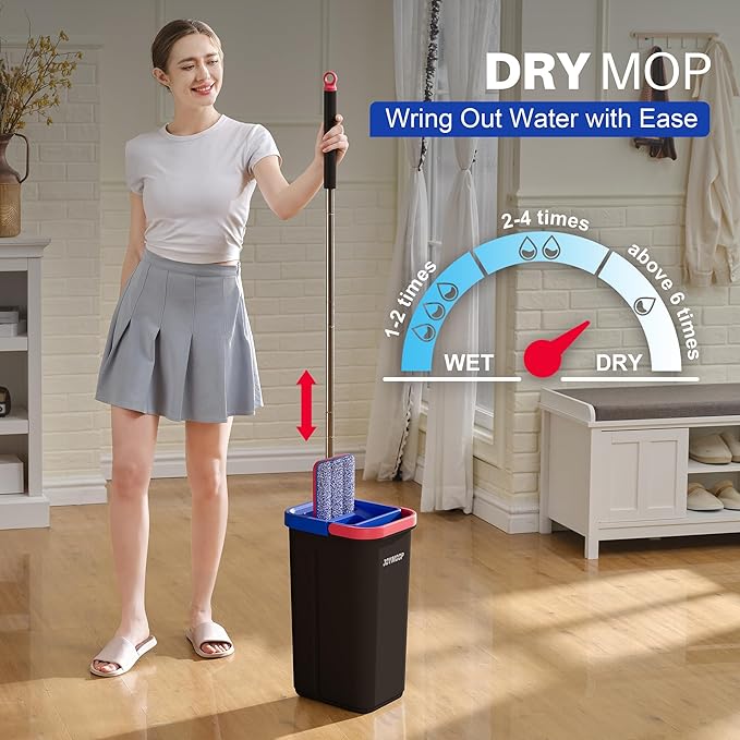 JOYMOOP Microfiber Flat Mop and Bucket System Mops for Floor Cleaning and Wall Cleaner Hardwood Tile Laminate Vinyl Floors Smooth Walls and Glass Windows - 60 Flat Mop+3 Microfiber Pads[Black]