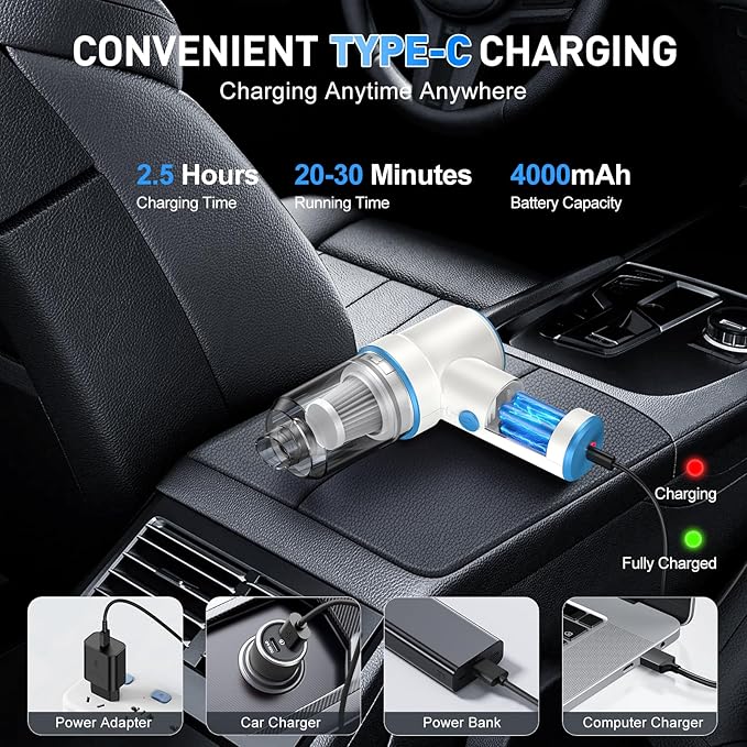 KMM Handheld Car Vacuum Cleaner 9000PA Vacuum Cleaner &amp Air Duster 120W High Power Vacuum Portable Cordless Hand Held Vacuum Rechargeable with Multi-Nozzles &amp LED Light for Home Car Offic