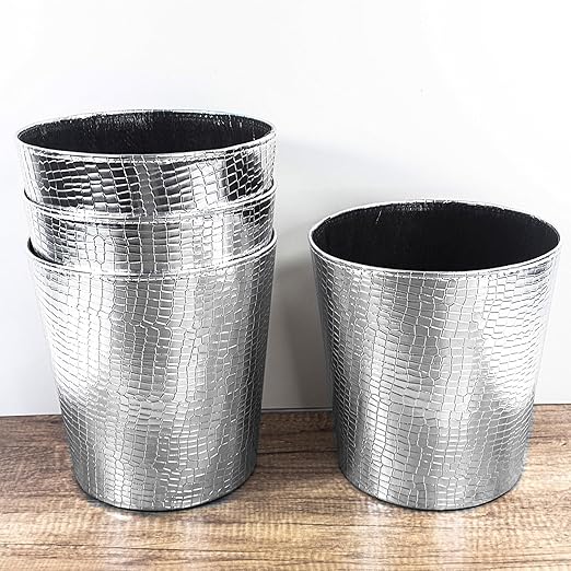 Leather Trash Can Decorative Waste Basket 10L Capacity Small Waste Paper Basket Waterproof Garbage Can for Bathroom Bedroom Office Kitchen and Living Room - Silver