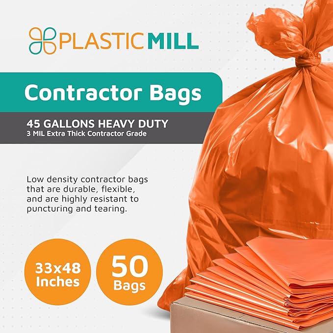 PlasticMill Contractor Bags Heavy Duty - Commercial Industrial Garbage Bags - Orange Construction Trash Bags - Outdoor Garden Trash Bags 42-Gallon 3 Mil 33x48 (50-Count)