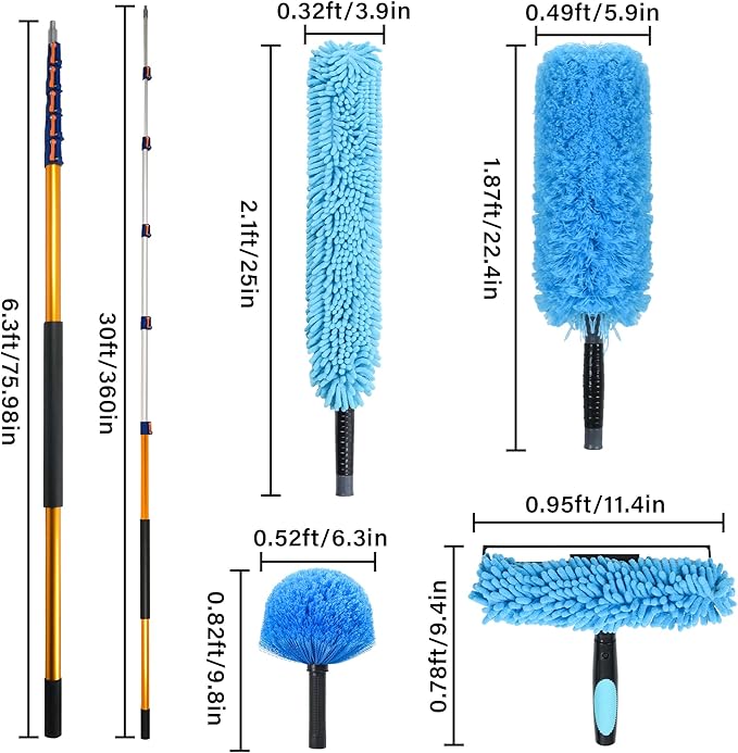 30 FT High Reach Cleaning Kit with 7-30 Foot Telescoping Extension Pole Flexible Ceiling Fan Duster Microfiber Feather Duster Cobweb Duster &amp Window Squeegee &amp Washer