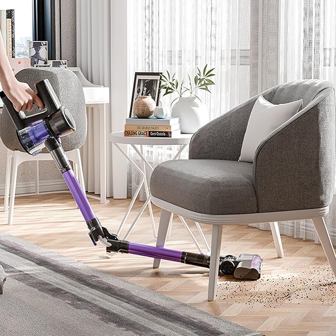 Cordless Vacuum Cleaner 250W/22Kpa Powerful Suction 39 Mins Runtime Anti-Tangle Brush and LED Display Handheld Vacuum for Hard Floors Carpet Pet Hair(Black Purple)