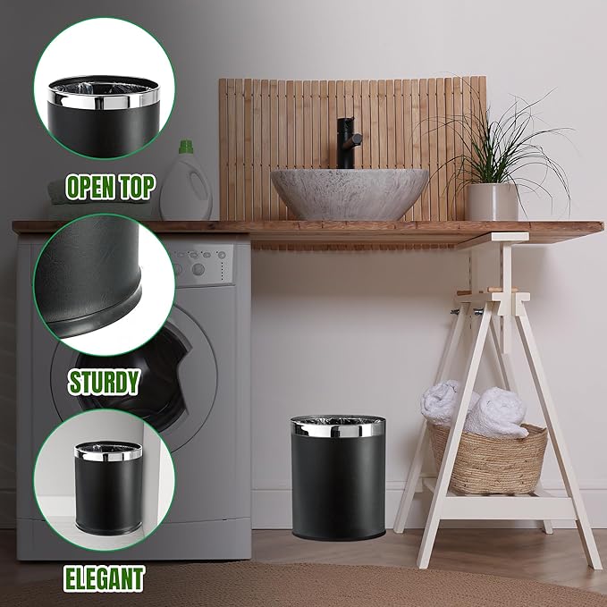 'Invisi-Overlap' Open top Leatherette Trash Can Small Office Wastebasket Modern Home Décor Round Shape (Black)
