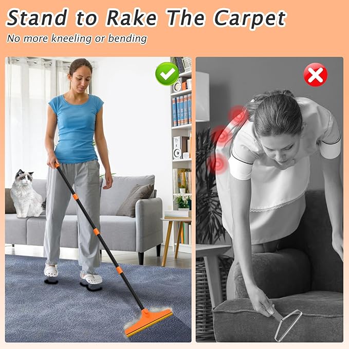 Carpet Rake for Pet Hair Removal - Reusable Pet Hair Remover 60” Adjustable Long Handle Cat Dog Carpet Rake Scraper Dog Hair Rake Brush for Rugs Mats Couch