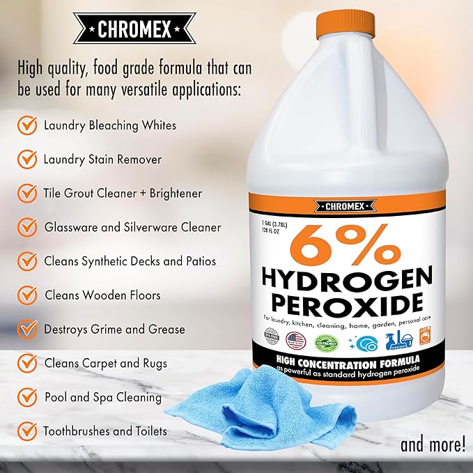 Chromex 6 Percent Hydrogen Peroxide Food Grade Home Kitchen Bath Cleaner Laundry Whitening (128 fl oz (Pack of 1))