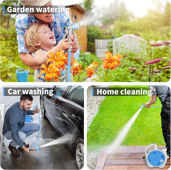 Garden Retractable Hose Reel Portable Simple Home Hose Reel 45+5 FT with 7 Patterns Spray Nozzle Wall Mounted and Any Length Lock for Garden Watering Car Washing Pet (Blue)