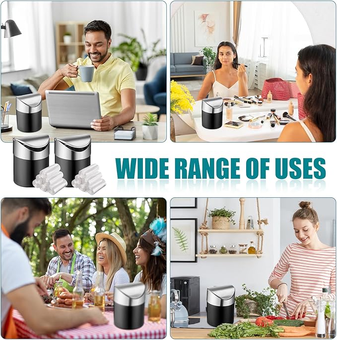 2 Pcs Desk Trash Can with Swing Lids 12 Rolls of Trash Bags 2L Brushed Stainless Steel Countertop Garbage Bin Small Wastebasket with Lid for Office Desk Coffee Table(Matte Black)