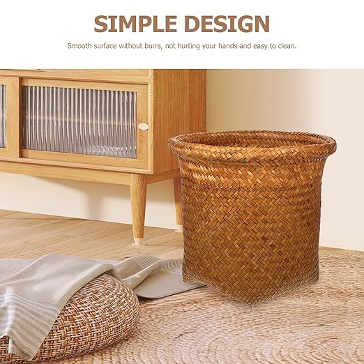 Alipis Seagrass Waste Basket Wicker Trash Can Woven Garbage Bin Laundry Hamper Rattan Plant Pot Rustic Storage Basket Rubbish Recycling Container for Kitchen Home Office