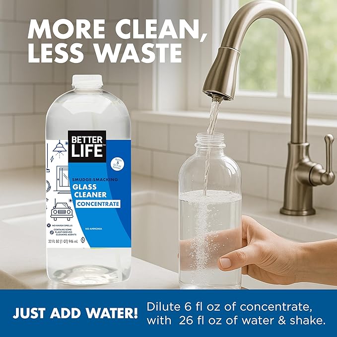 BETTER LIFE Glass Cleaner Concentrate - Streak-Free Window Cleaner for Home Kitchen Bathroom Shower Car - Works on Glass Windows Mirrors Light Fixtures - 32oz Unscented