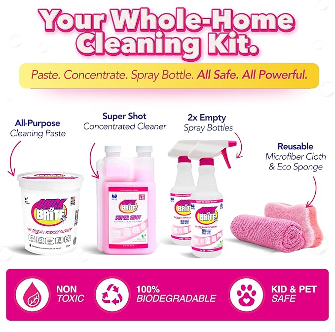 Quick 'n Brite Ultimate Cleaning Kit – Includes 32oz Paste 16oz Super Shot 2 Refillable Spray Bottles Microfiber Towel Scrubber Sponge &amp Quick Start Guide – All Purpose Cleaner - Made in the U