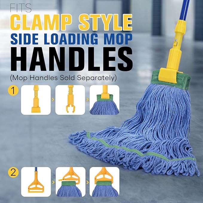 Matthew Cleaning Commercial Mop Head Replacement 5 Inch Wide Headband Looped End Cotton Blend String Wet Mops for Floor Cleaning 18 oz Medium 3-Pack Blue