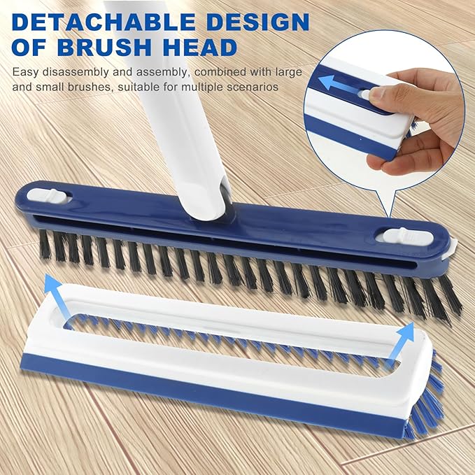 Floor Scrub Brush with Long Handle Floor Grout Scrub Brush 2 in 1 Heavy Duty Stiff Bristle Scrubber with Squeegee for Scrubbing Deck Tile Garage Floor Patio Concrete Shower Bathroom