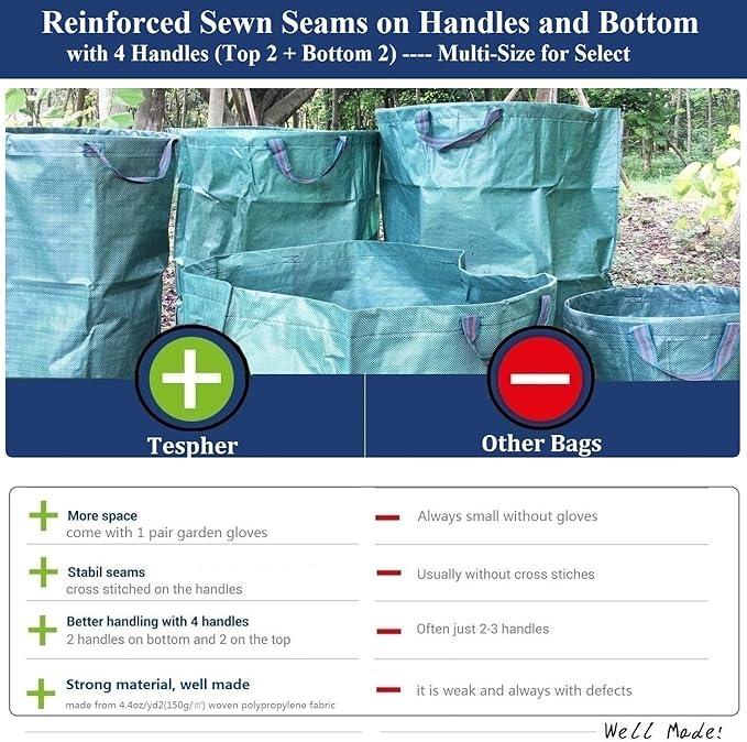 Standard 2-Pack 46 Gallon Lawn Garden Bags (D26H19 in) Yard Waste Bags W/Gardening Gloves for Leaf BagYard DebrisTrash ContainerRecycling BinCamping Waste BinGrass ClippingsWeeds Bag 4 Handles