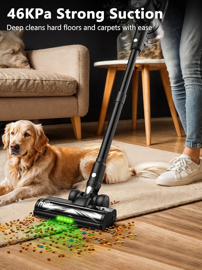 Cordless Vacuum Cleaner 46Kpa/55 Mins Vacuum Cleaners for Home Self-Standing Stick Vacuum with Rechargeable DockLED Display &amp Anti-TangleLightweight Vacuum for CarpetFloor (Pure Black)