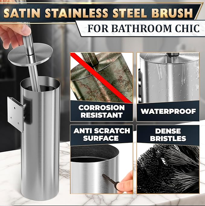 Silver Modern Toilet Brush and Holder Set with Wall Mount - Stainless Steel Toilet Brush with Holder - Removable Inner Bowl Shiny Design Splash Protection &amp Dense Bristles for Bathroom Cleaning