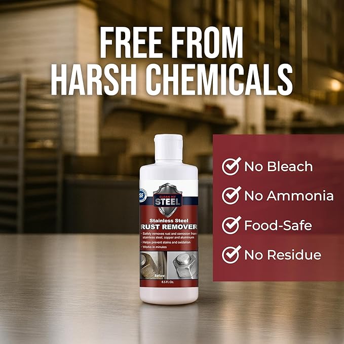 Stainless Steel Rust Stain Remover &amp Cleaner Soft Cleanser Safe for Food Areas Non-Toxic for Appliances Perfect for Commercial Equipment Refrigerator Cybertruck and more (8.5 oz)