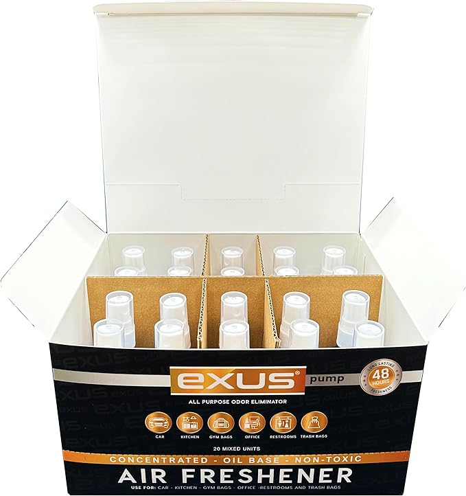 Exus Pump Spray Concentrated Oil Based Odor Eliminator &amp Air Freshener Use for house car bathrooms Kitchen office. Strong Air freshener Display Mix (20 Count)