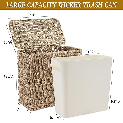 Wicker Trash Can with Lid and Liner Bathroom Trash Can with Lid Natural Water Hyacinth Wicker Waste Basket Boho Rattan Garbage Wastebasket for Bedroom Living Room Office Kitchen