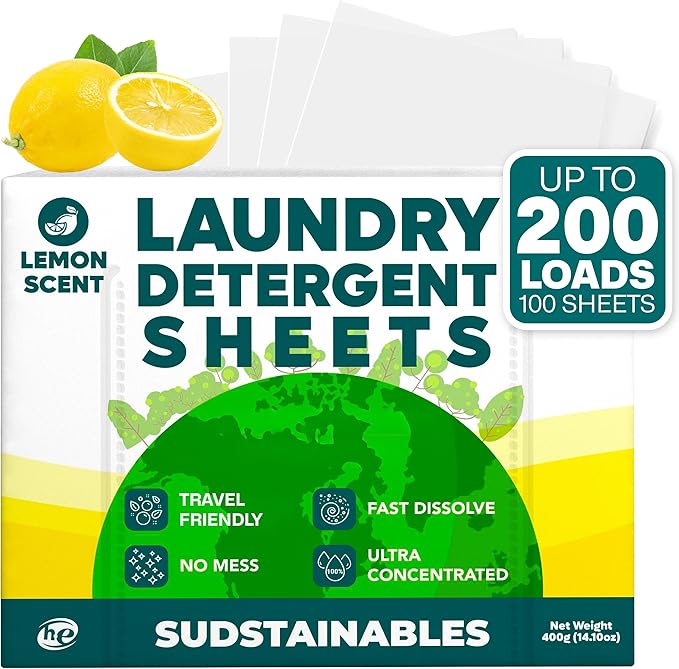 Sudstainables Laundry Detergent Sheets 200 Loads – Dissolvable Laundry Sheet for Washing Machines Compact Alternative to Liquid &amp Powder Detergent Travel-Friendly Soap | Lemon