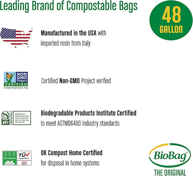BioBag (USA) The Original Compostable Bag 48 Gallon 80 Count 100% Certified Compostable Trash Bag Liners for Food Waste Extra Strong and Durable Trash Bag