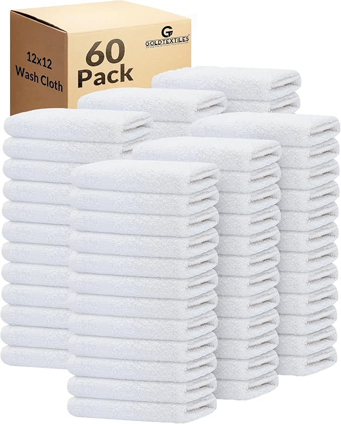 GOLD TEXTILES 60 Pack Economy White Washcloths Set (12x12 inches) - Cotton Blend Commercial Grade Cleaning Rags Quick Drying &amp Soft Face Cloths Fingertip Towels for Bathroom Spa Gym and Kitch