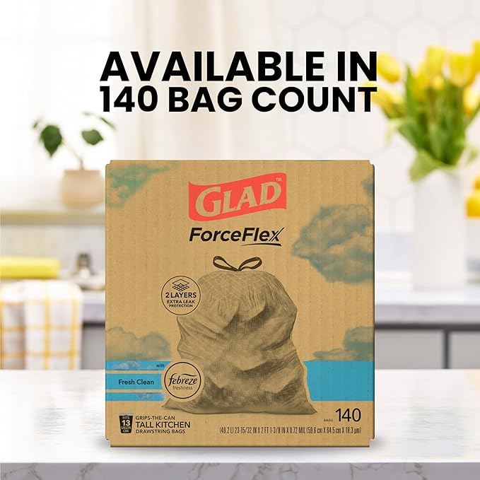 Glad ForceFlex Tall Kitchen Trash Bags 13 Gallon Fresh Clean (Package May Vary)140 Count (Pack of 2)