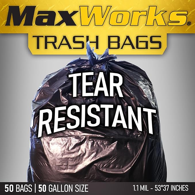 MaxWorks 50 Gallon Heavy-Duty Trash Bags 1.5 Mil Thick Black Drum Liners 50 Count with Flap Ties for Industrial Lawn Garden &amp Contractor Cleanup 51068