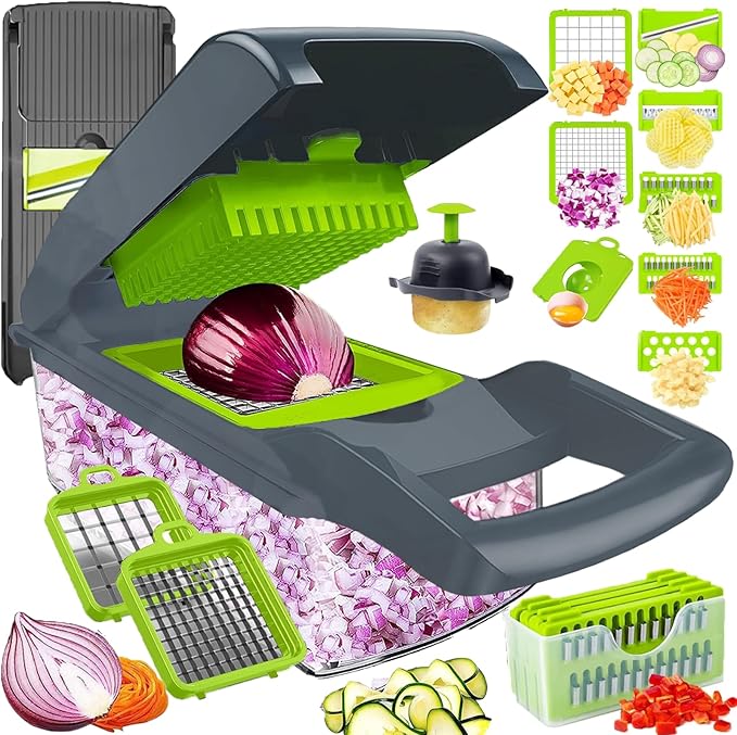 Vegetable Chopper Dicer with Container | Cheese Grater Mandoline Slicer Cabbage Shredder French Fry Cutter Stainless Steel for Veggie Onion Potato Fruit Food Manual Hand Cooking Gadget for Kitchen