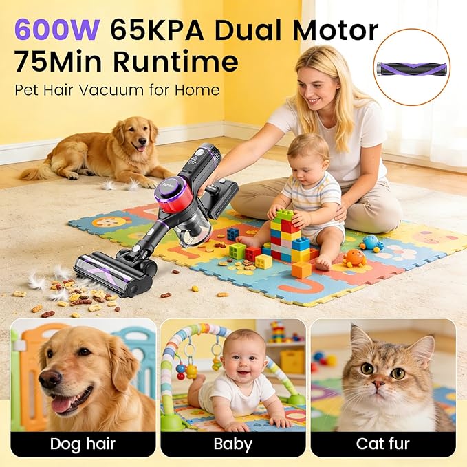 Cordless Vacuum Cleaner 600W 45KPA Dual Motor Vacuum for Home with AI Auto Suction70Min RuntimeStick Vacuums with Self-Standing DesignLED Headlightsfor CarpetHardwood FloorsPet HairTile