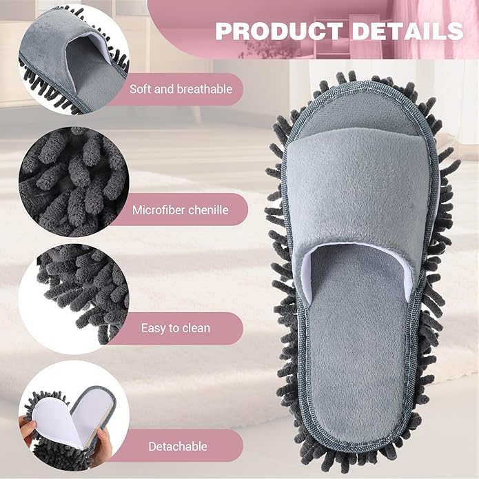 4 Pair Washable Mop ShoesRemovable Microfiber Cleaning SlippersMopping Slippers for Women and Men Home Office Floor Dust and Dirt Cleaning (Beige Gray Pink Black)