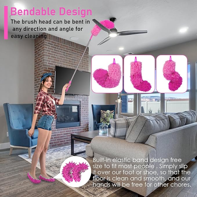 ThinkLearn Microfiber Dusters for Cleaning14PCS Feather Dusters with Extension PoleBendable Washable and Extendable Duster for High Ceilings Fans and Blinds House Cleaning Kit Pink Gift for Women