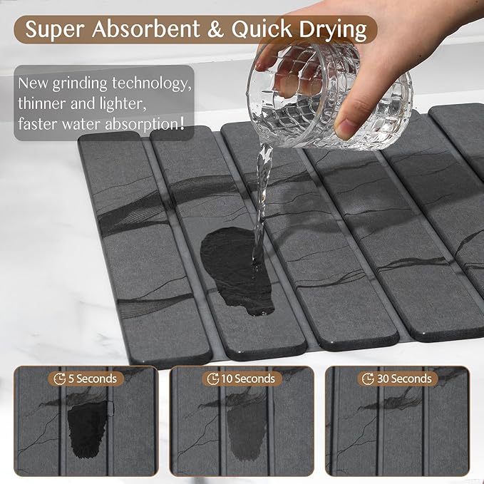Large Stone Dish Drying Mat for Kitchen Counter Thin &amp Light Quick Dry Stone Dishes Mats Foldable Water Absorbing Diatomite Drying Pad for Kitchen Bathroom Sink Countertop (Gray Ink 24×16 &amp