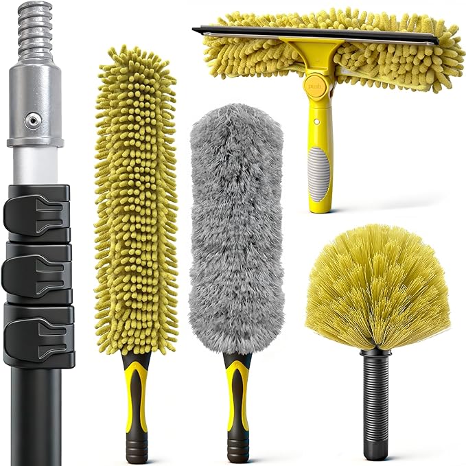 4-12Ft Telescoping Extension Pole Kit 5-in-1 High Reach Duster with Chenille Window Squeegee Microfiber Feather Cobweb Duster for Ceiling Wall Hard-to-Reach Indoor &amp Outdoor Cleaning Yellow