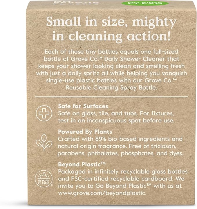 Grove Co. Daily Shower Cleaner Refill Concentrate (2 x 1 Fl Oz) + 1 x Reusable Glass Spray Bottle (16 Oz) Plant-Based Cleaning Supplies Reduced Plastic Lemon &amp Eucalyptus Fragrance