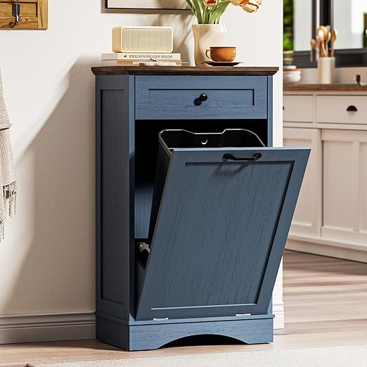 AHB 13 Gallons Tilt Out Trash Cabinet Hidden Trash Can Cabinet Freestanding Garbage Recycling Cabinet with Hideaway Drawer Pet Proof Trash Bin for Kitchen Living Room Blue