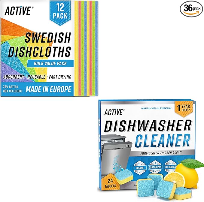 ACTIVE Swedish Dishcloths and Dishwasher Cleaner - Includes 12pk Cellulose Dish Cloths and 24ct Dishwasher Cleaning Tablets