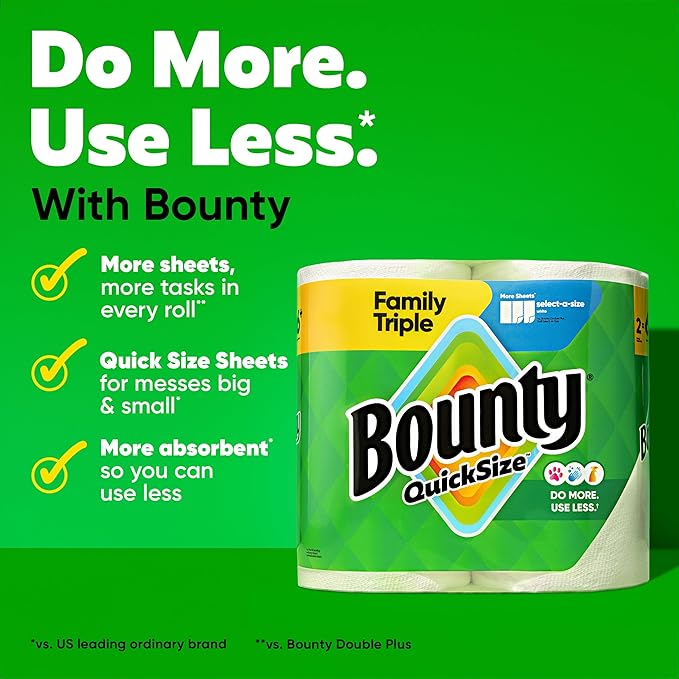 Bounty Quick-Size Paper Towels White 8 Family Triple Rolls = 27 Regular Rolls