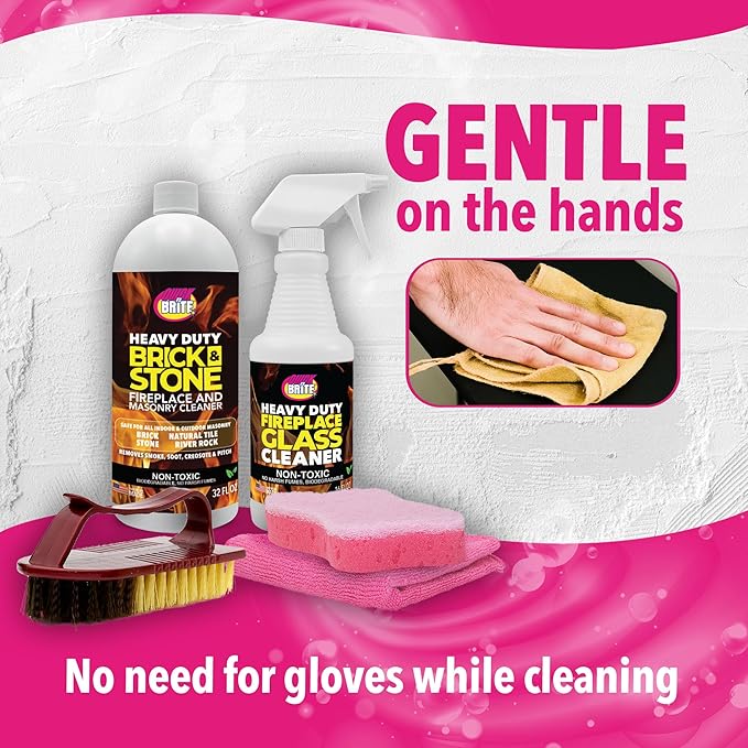 Quick 'n Brite Fireplace Cleaning Kit – Includes 16 oz Fireplace Glass Cleaner 32 oz Gel Fireplace Cleaner Scrub Brush Sponge and Microfiber Towel