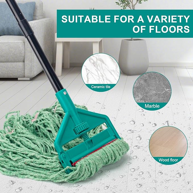 KeFanta 60 Inch Loop-End String Mop Heavy Duty Commercial Mops for Floor CleaningIndustrial Cotton Wet Mop with Extra Mops Head Replacement(Green)